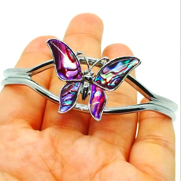Vintage Butterfly Cuff Bracelet with Abalone shell Silver Tone - Picture 5 of 5